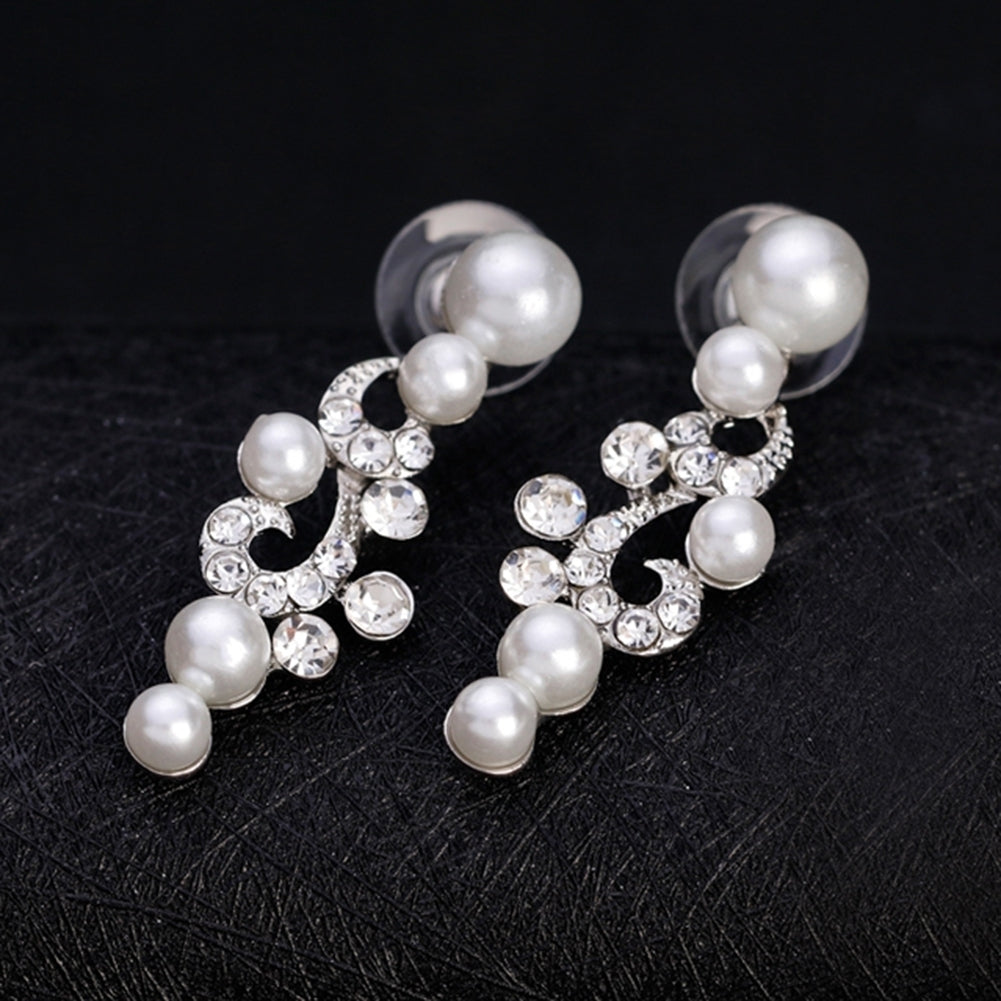 Fashion Alloy Rhinestone Faux Pearl Necklace Earrings Women Bride Jewelry Set Image 4
