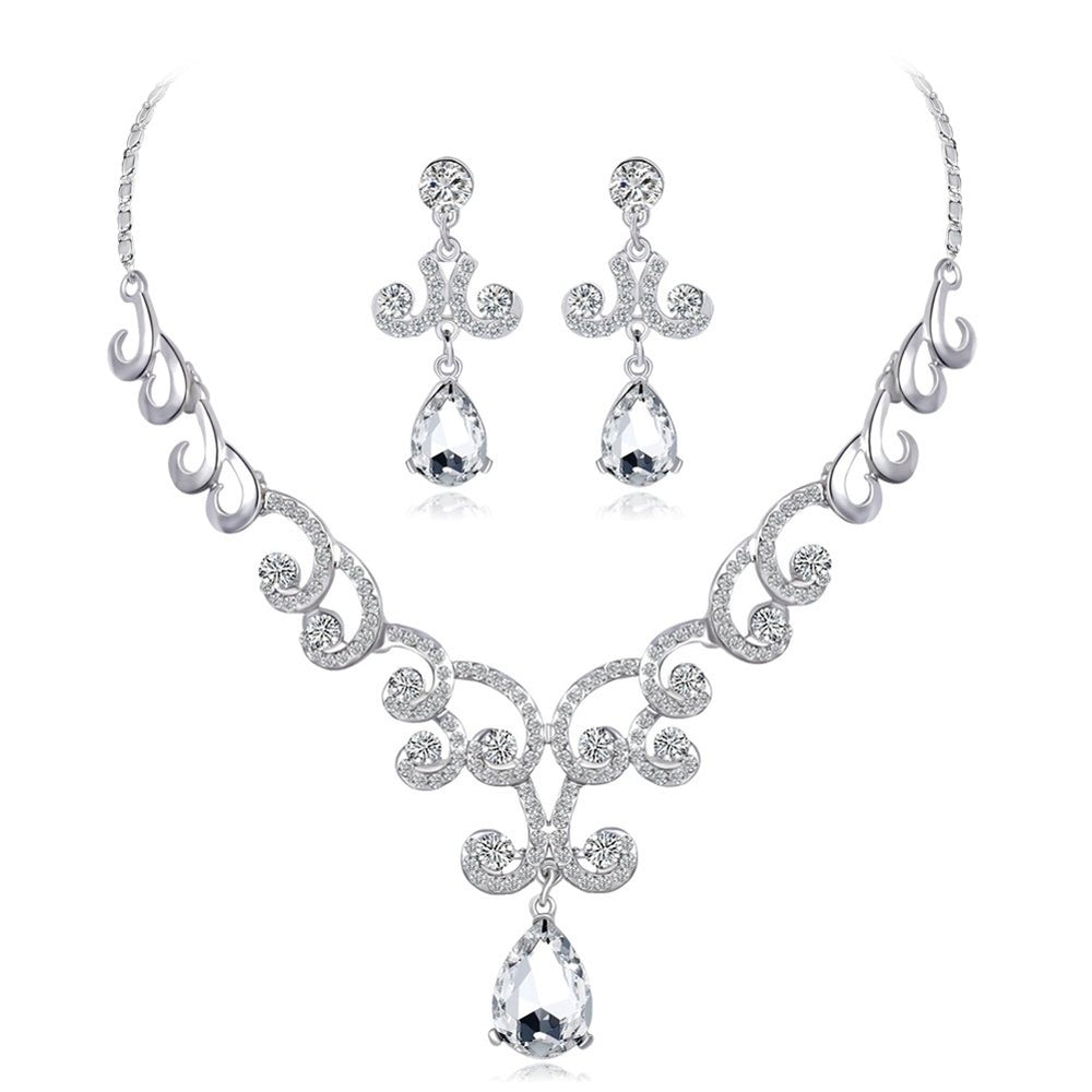Lady Fashion Rhinestone Pendant Earrings Necklace Luxury Bridal Jewelry Set Image 2