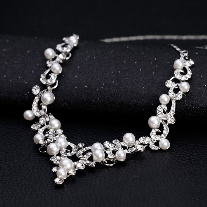 Fashion Alloy Rhinestone Faux Pearl Necklace Earrings Women Bride Jewelry Set Image 6