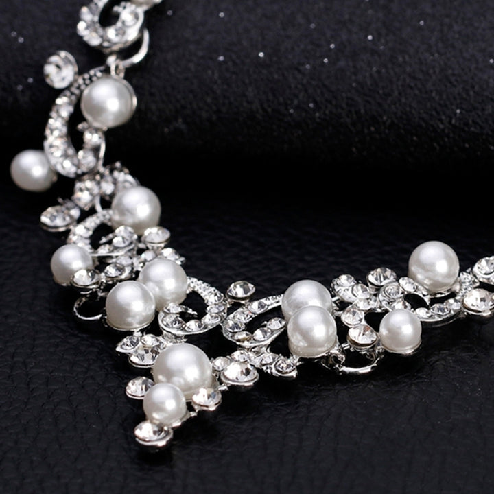 Fashion Alloy Rhinestone Faux Pearl Necklace Earrings Women Bride Jewelry Set Image 7