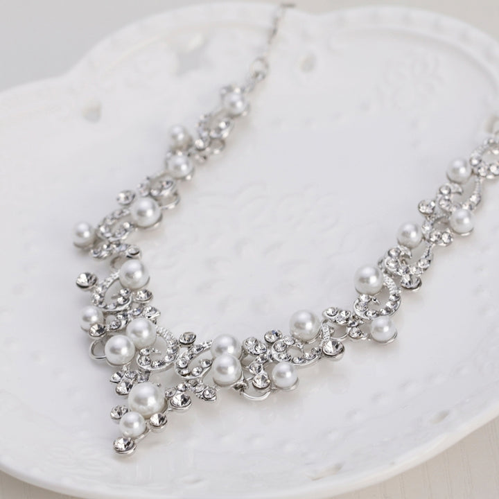 Fashion Alloy Rhinestone Faux Pearl Necklace Earrings Women Bride Jewelry Set Image 8