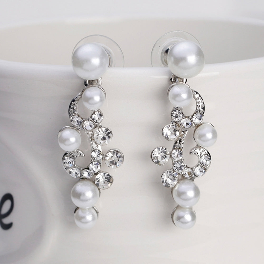 Fashion Alloy Rhinestone Faux Pearl Necklace Earrings Women Bride Jewelry Set Image 9