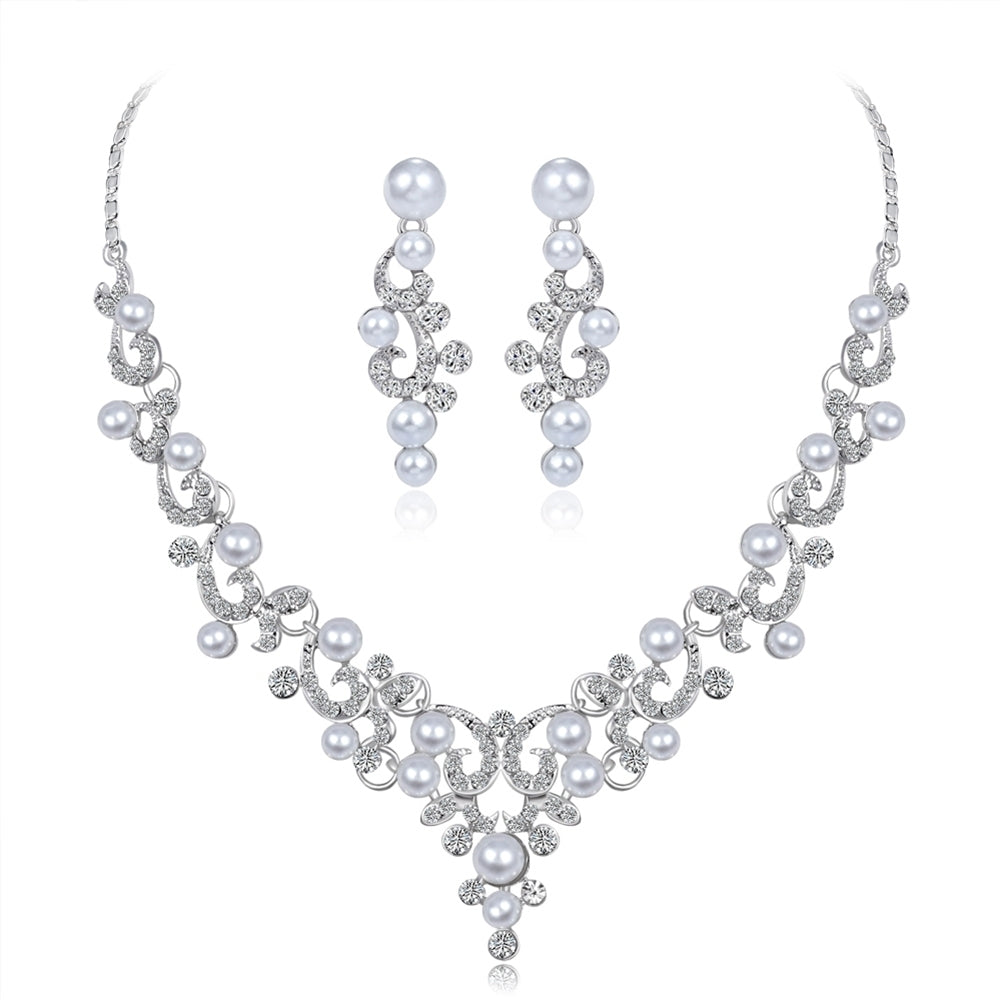 Fashion Alloy Rhinestone Faux Pearl Necklace Earrings Women Bride Jewelry Set Image 11