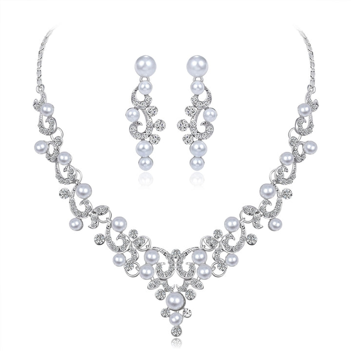Fashion Alloy Rhinestone Faux Pearl Necklace Earrings Women Bride Jewelry Set Image 11