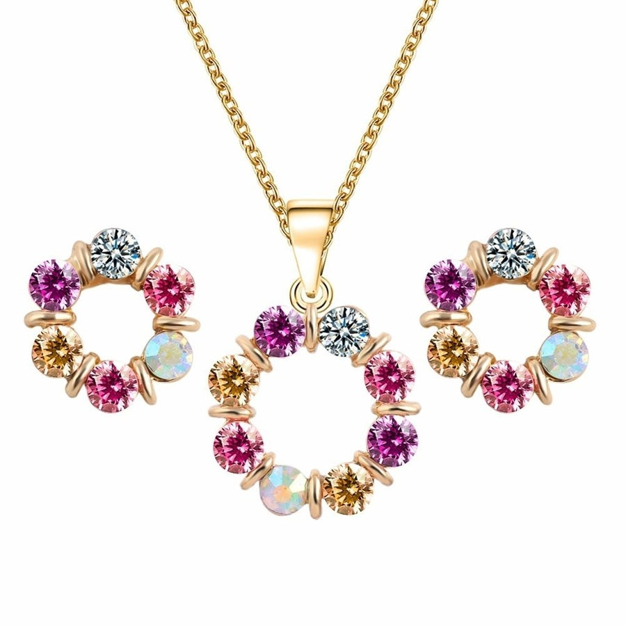 Fashion Circle Colorful Rhinestone Necklace Ear Studs Earrings Women Jewelry Set Image 1