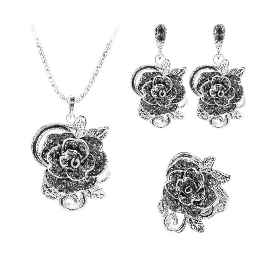 Fashion Rose Flower Pendant Necklace Earrings Finger Ring Lady Party Jewelry Set Image 1