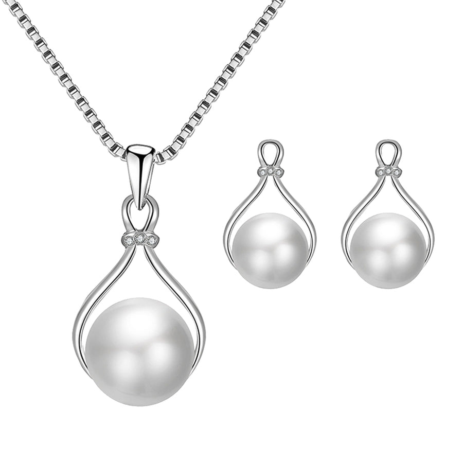 Water Drop Shape Faux Pearl Pendant Earrings Necklace Wedding Bridal Jewelry Set Image 1