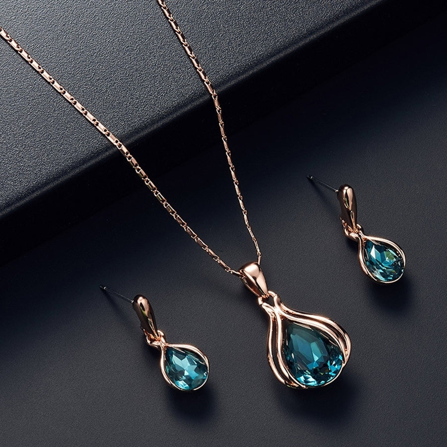 Women Water Drop Shape Rhinestone Pendant Necklace Ear Stud Earrings Jewelry Set Image 1