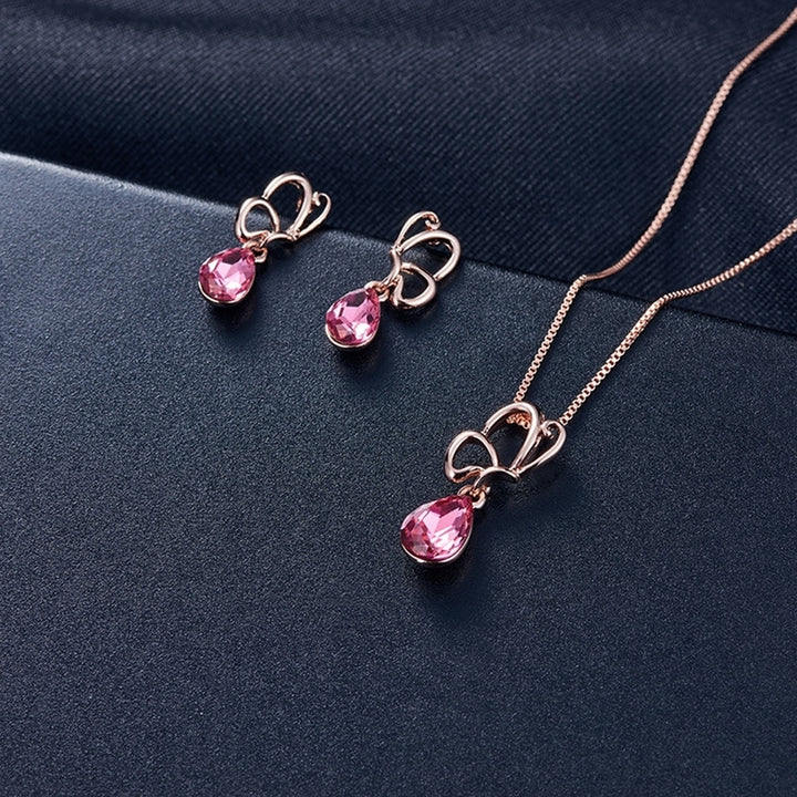 Hollow Petal Water Drop Rhinestone Charm Stud Earrings Necklace Lady Jewelry Set Image 3