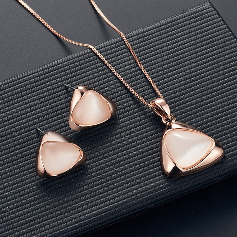 Women Faux Gemstone Triangular Pendant Necklace Ear Stud Earrings Jewelry Set Image 2