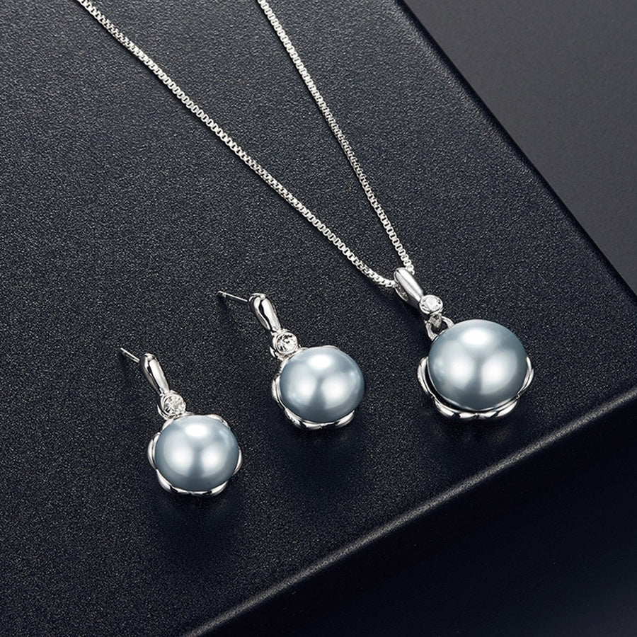 Ladies Round Faux Pearl Rhinestone Inlaid Pendant Necklace Earrings Jewelry Set Image 1