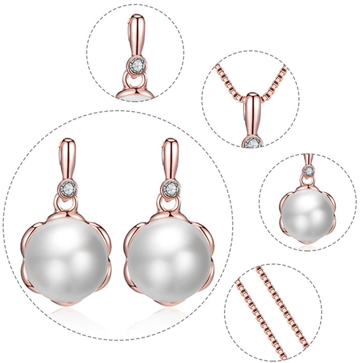Ladies Round Faux Pearl Rhinestone Inlaid Pendant Necklace Earrings Jewelry Set Image 8