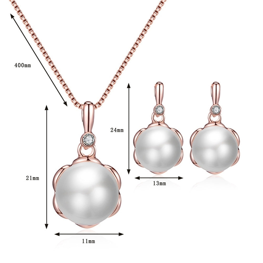 Ladies Round Faux Pearl Rhinestone Inlaid Pendant Necklace Earrings Jewelry Set Image 9