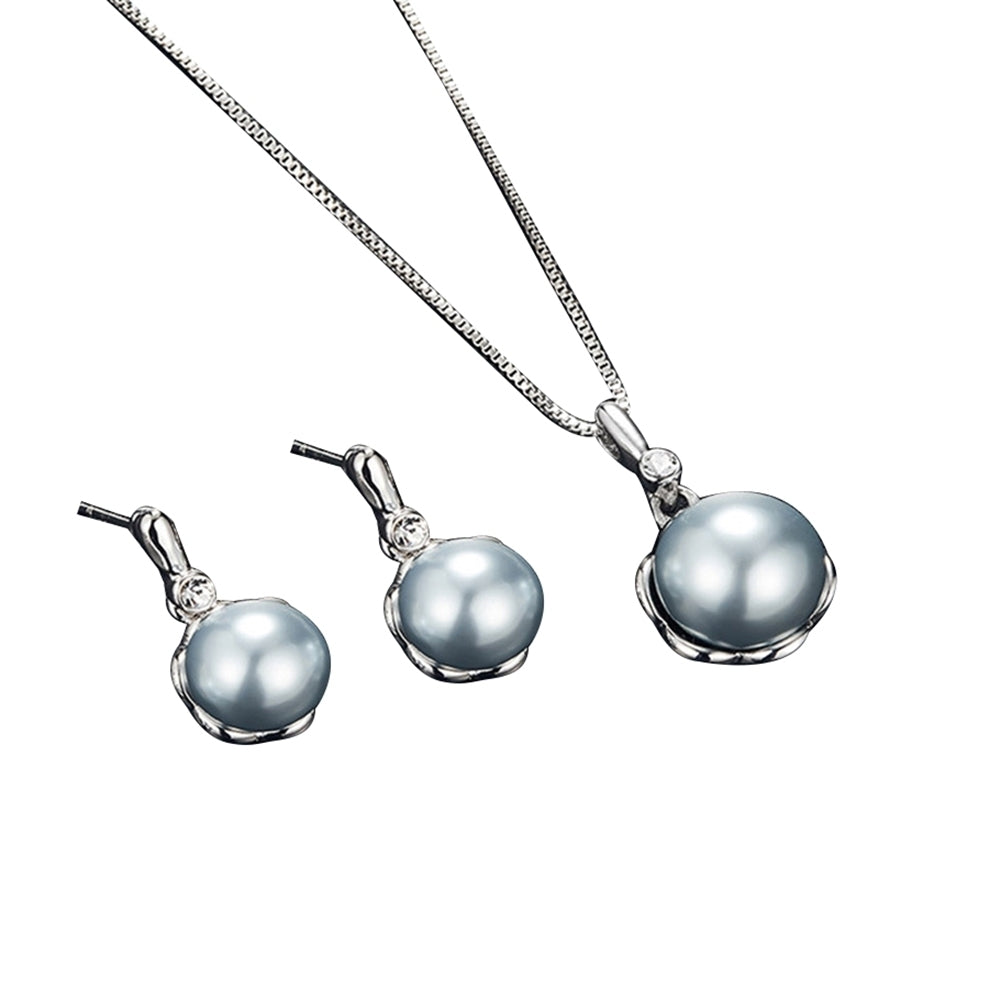 Ladies Round Faux Pearl Rhinestone Inlaid Pendant Necklace Earrings Jewelry Set Image 10