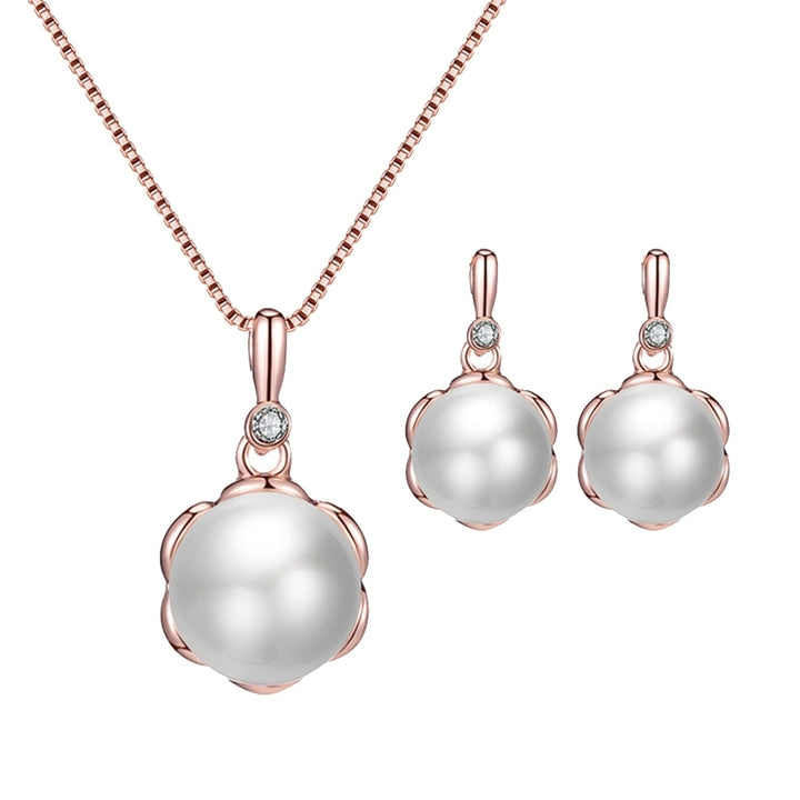 Ladies Round Faux Pearl Rhinestone Inlaid Pendant Necklace Earrings Jewelry Set Image 1