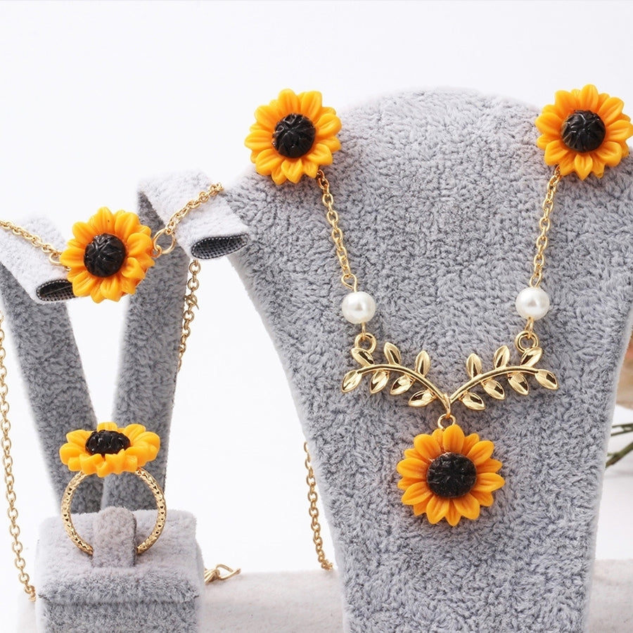 3/5Pcs Lady Sunflower Leaf Faux Pearl Charm Necklace Earrings Bracelet Ring Set Image 1