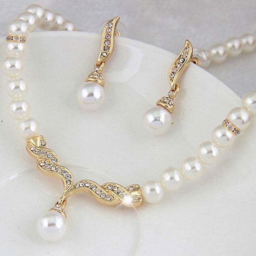 Bridal Women Necklace Faux Pearl Rhinestone Charms Wedding Earrings Jewelry Set Image 1
