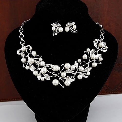 Elegant Bridal Faux Pearl Leaves Choker Necklace Stud Earrings Jewelry Set Image 2