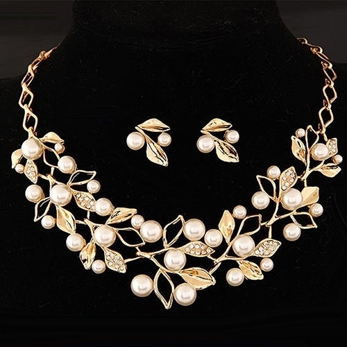 Elegant Bridal Faux Pearl Leaves Choker Necklace Stud Earrings Jewelry Set Image 3