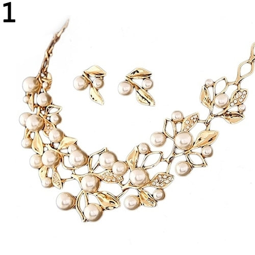 Elegant Bridal Faux Pearl Leaves Choker Necklace Stud Earrings Jewelry Set Image 4