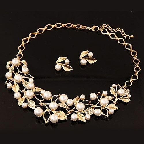 Elegant Bridal Faux Pearl Leaves Choker Necklace Stud Earrings Jewelry Set Image 4