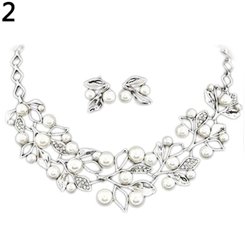 Elegant Bridal Faux Pearl Leaves Choker Necklace Stud Earrings Jewelry Set Image 1