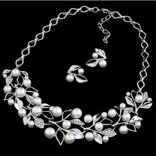 Elegant Bridal Faux Pearl Leaves Choker Necklace Stud Earrings Jewelry Set Image 11