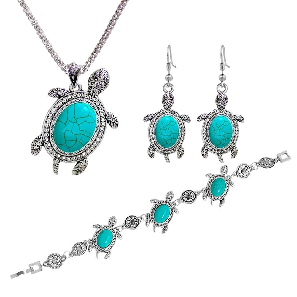 3Pcs Women Retro Faux Turquoise Turtle Charm Earrings Necklace Bracelet Image 8