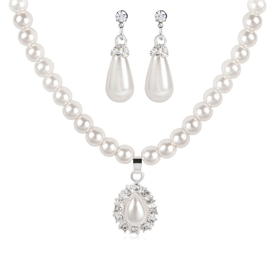Water Drop Faux Pearl Beaded Rhinestone Bridal Necklace Earrings Jewelry Set Image 1