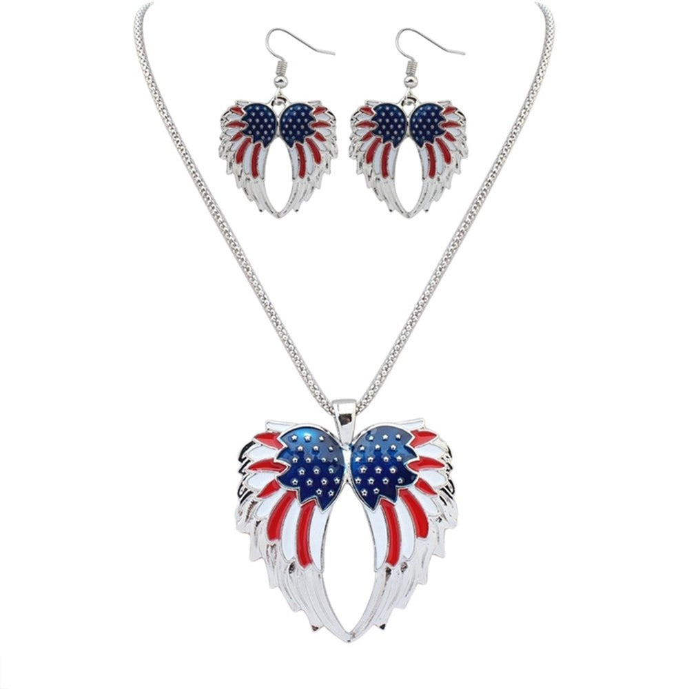 Independence Day USA Flag Patriotic Wings Women Necklace Earrings Jewelry Set Image 2