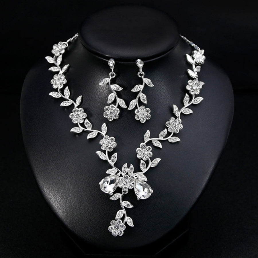 Women Rhinestone Leaves Flower Necklace Stud Earrings Wedding Bridal Jewelry Set Image 1