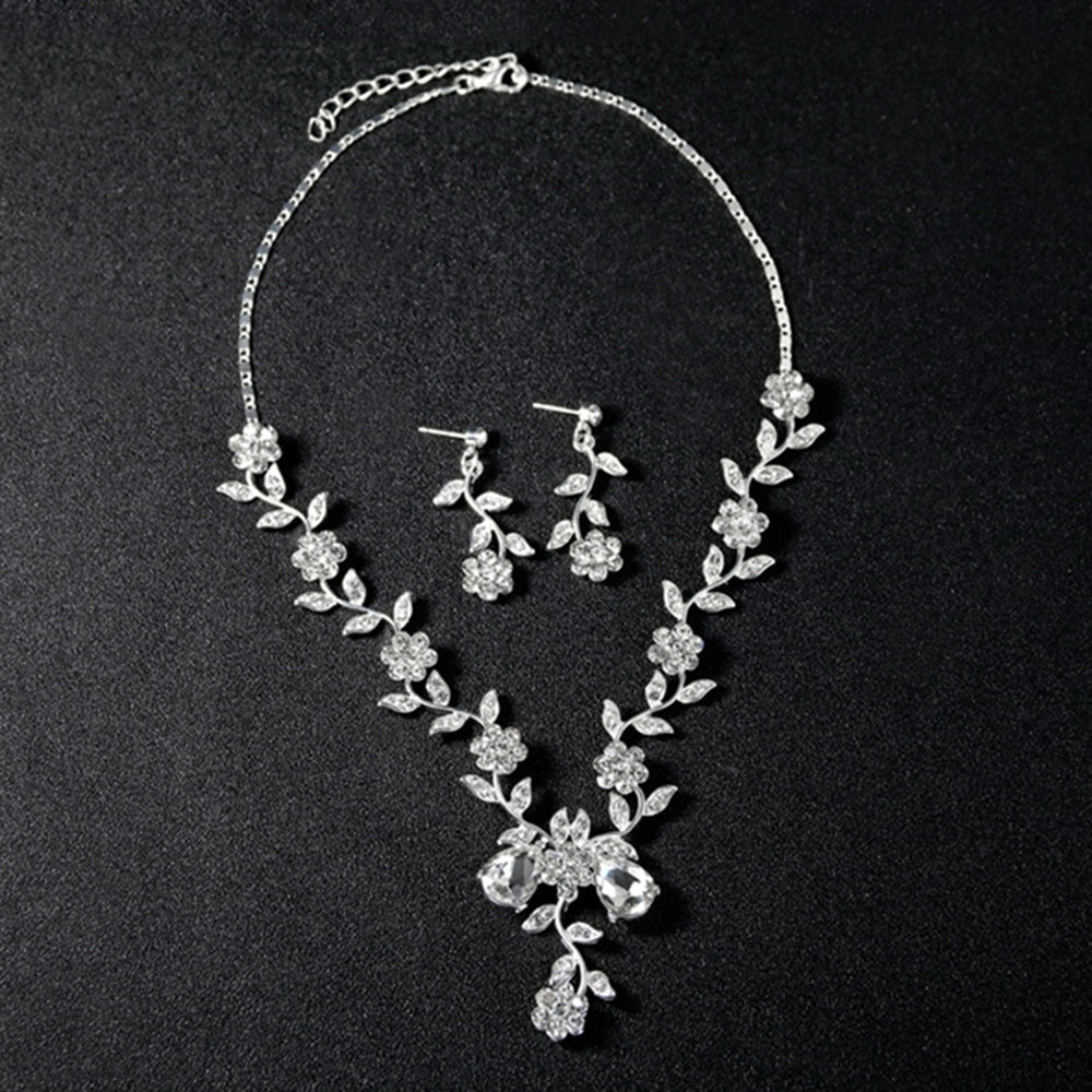 Women Rhinestone Leaves Flower Necklace Stud Earrings Wedding Bridal Jewelry Set Image 2