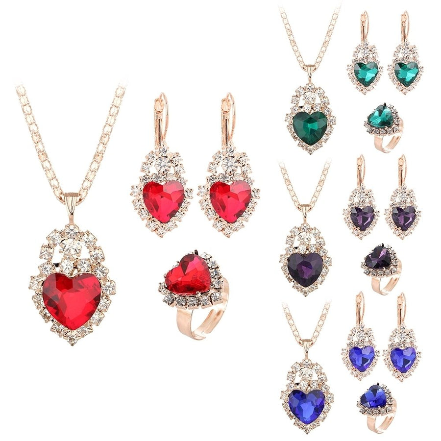 Wedding Heart Pendant Rhinestone Inlay Necklace Earrings Ring Bridal Jewelry Set Image 1