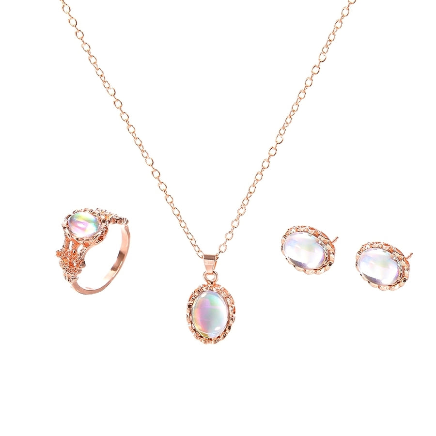 3Pcs Shiny Oval Faux Gemstone Charm Necklace Earrings Ring Women Jewelry Image 1