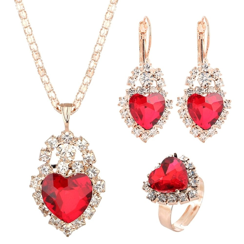 Wedding Heart Pendant Rhinestone Inlay Necklace Earrings Ring Bridal Jewelry Set Image 2