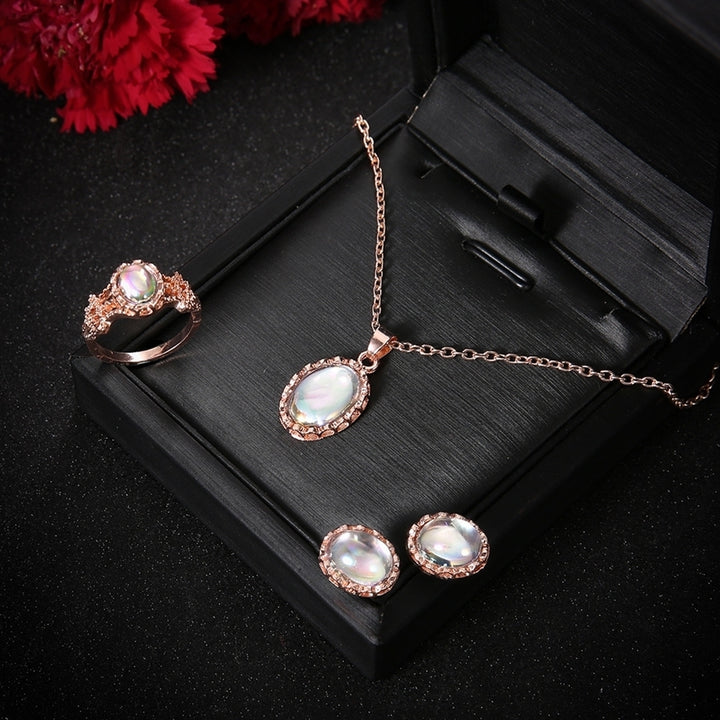 3Pcs Shiny Oval Faux Gemstone Charm Necklace Earrings Ring Women Jewelry Image 4