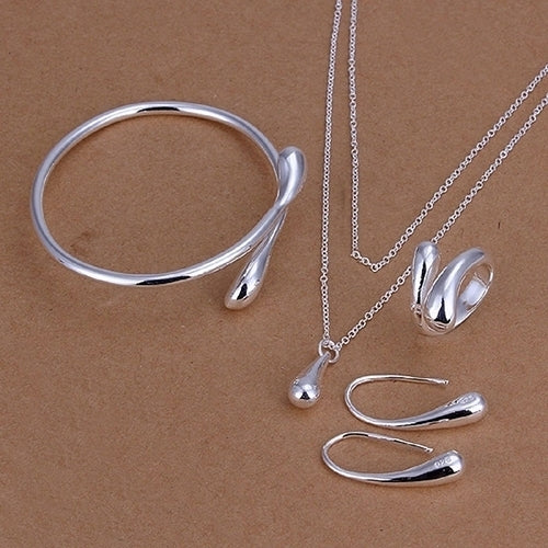 Women Fashion Silver Plated Jewelry Set Bracelet Necklace Ring Hook Oval Earings Image 1