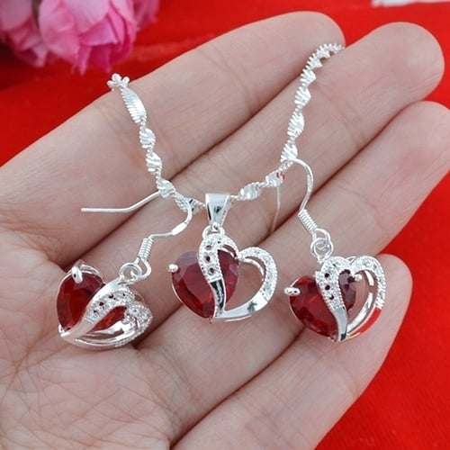 Womens Fashion Silver Plated Red Rhinestone Dangle Pendant Necklace Earrings Jewerly Image 1