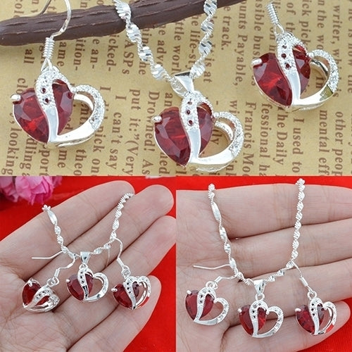 Womens Fashion Silver Plated Red Rhinestone Dangle Pendant Necklace Earrings Jewerly Image 2
