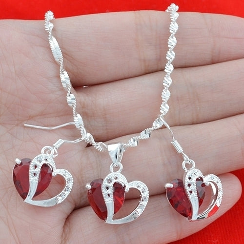 Womens Fashion Silver Plated Red Rhinestone Dangle Pendant Necklace Earrings Jewerly Image 3