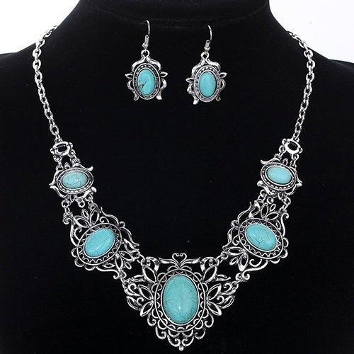 Womens Hollow Tibetan Oval Turquoise Bib Collar Necklace Earrings Jewelry Set Image 1