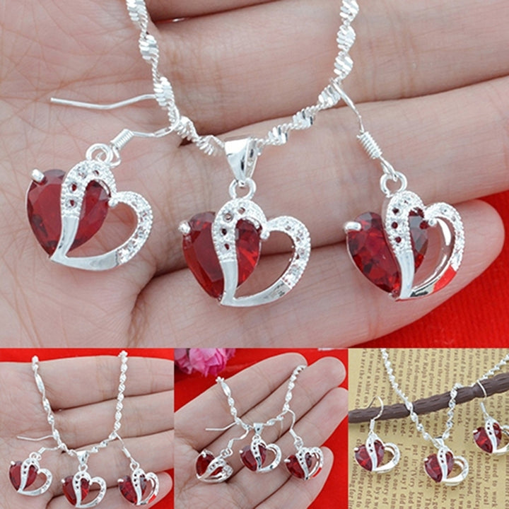 Womens Fashion Silver Plated Red Rhinestone Dangle Pendant Necklace Earrings Jewerly Image 6