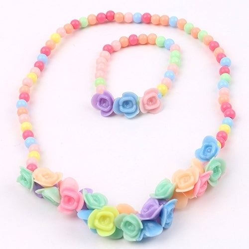 Kids Girls Lovely Multicolor Beads Flowers Necklace Bracelet 2 in 1 Party Jewelry Set Image 1