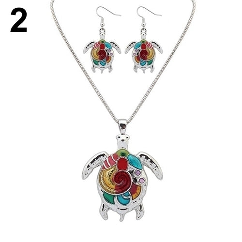 Multi-Color Tortoise Pendant Necklace Turtle Drop Hook Earrings Jewelry Set Image 9