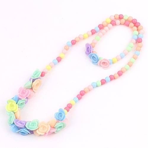 Kids Girls Lovely Multicolor Beads Flowers Necklace Bracelet 2 in 1 Party Jewelry Set Image 3