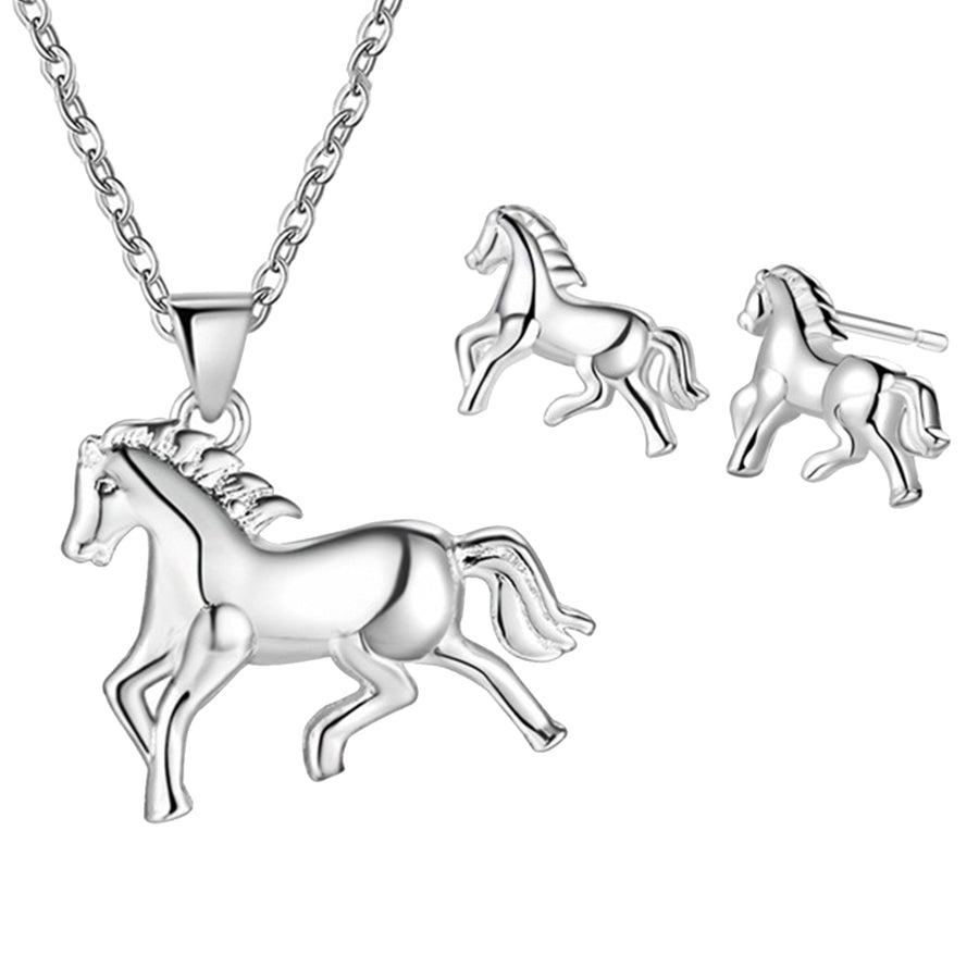 Silver Plated Horse Pendant Necklace Stud Earrings Jewelry Set Valentine Gift Image 1