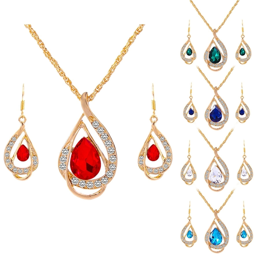 Water Drop Pendant Rhinestone Inlaid Necklace Hook Earring Bridal Jewelry Set Image 1