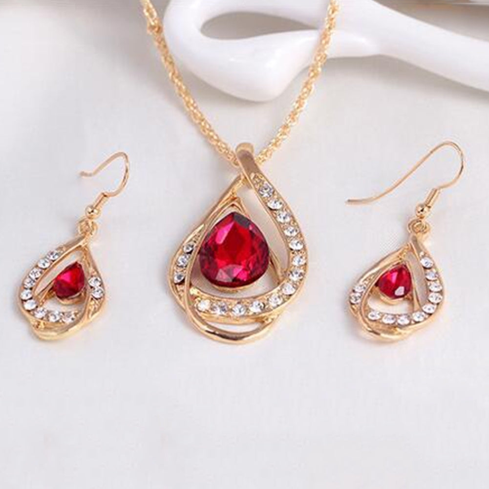 Water Drop Pendant Rhinestone Inlaid Necklace Hook Earring Bridal Jewelry Set Image 7
