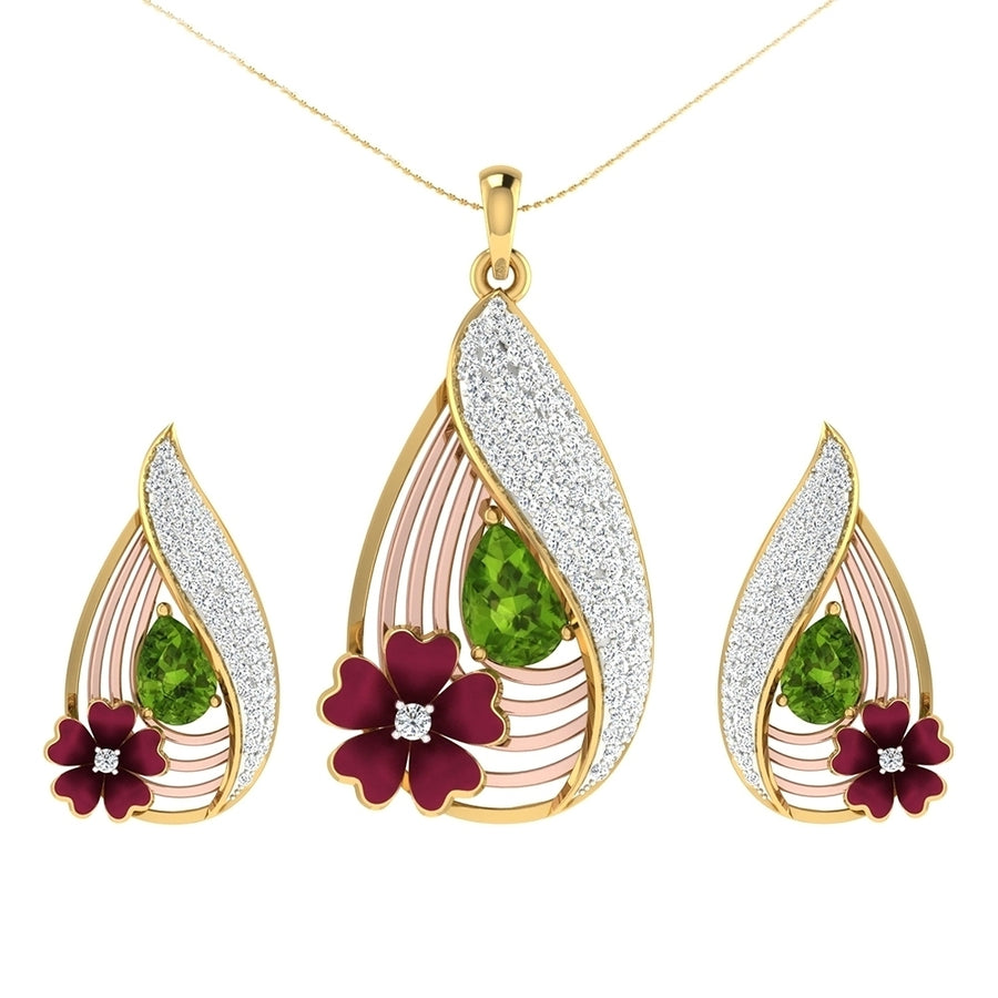 Women Faux Emerald Flower Water Drop Pendant Necklace Stud Earrings Jewelry Set Image 1