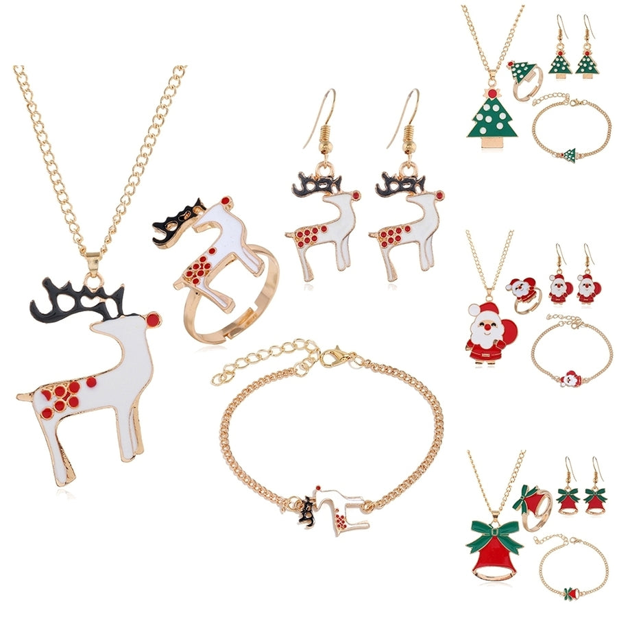Christmas Tree Santa Elk Bell Earrings Bracelet Ring Necklace Women Jewelry Set Image 1